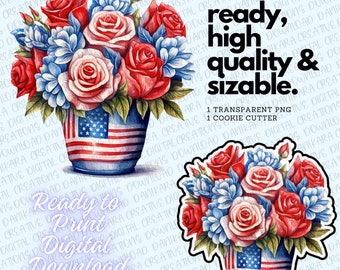 July 4th Cookie Cutter, 4th of July Flower Pot Cookie Cutter & PNG, Flower Pot PNG, Memorial Day Flower Cookie Cutter, Red White and Blue