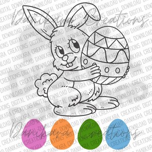 May include: A black and white line art illustration of a bunny rabbit holding a decorated Easter egg. There are three smaller Easter eggs below the bunny, one pink, one orange, and one green.