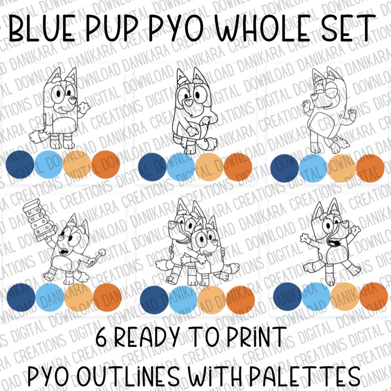 May include: Six black and white outline illustrations of Bluey the cartoon dog in various poses. Each illustration has a color palette of blue, orange, and brown circles below it.