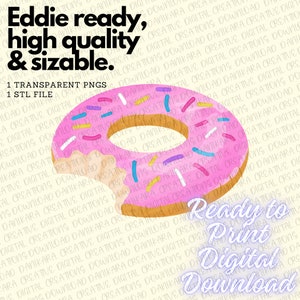 Puede incluir: Una rosquilla rosa con chispas de colores, con un bocado sacado. La rosquilla está sobre un fondo amarillo claro con el texto "Ready to Print Digital Download" en morado y blanco.