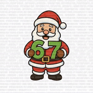 May include: A cartoon illustration of Santa Claus holding the numbers 6 and 7. Santa is wearing a red suit with white trim, a black belt, and a red hat. The numbers are green.