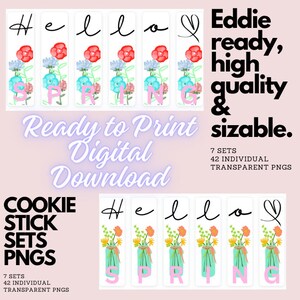 Könnte beinhalten: Sieben Sets bedruckbarer Keks-Sticks-Aufkleber mit einem floralen Design mit dem Wort "Frühling" und dem Satz "Hallo Frühling" in einem Einmachglas. Die Aufkleber sind druckfertig und werden in 42 einzelnen transparenten PNG-Dateien geliefert.