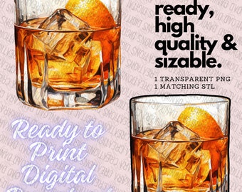 May include: A watercolor illustration of a glass of whiskey with ice and a lemon wedge. The glass is clear and has a thick rim. The whiskey is a deep amber color and the ice is clear. The lemon wedge is yellow and has a green stem. The background is a light pink color with the text "Ready to Print Digital Download" in white.