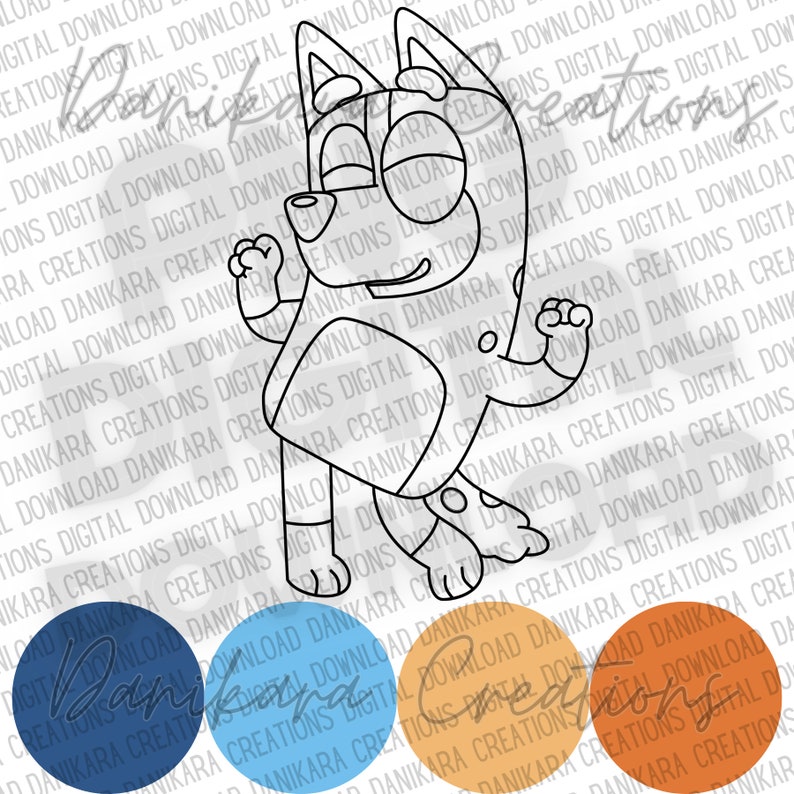 May include: A cartoon illustration of a blue and white dog with a happy expression. The dog is dancing with its arms raised. The image includes a color palette of blue, light blue, orange, and brown.