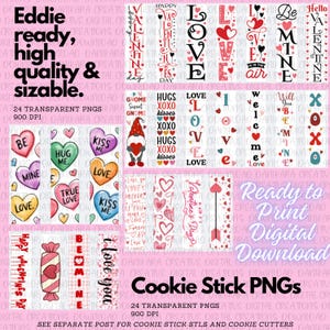 Könnte beinhalten: Ein Set mit 24 Valentinstags-Keksstick-PNGs. Die Bilder zeigen Herzen, Gnome, Süßigkeiten und die Wörter "Love", "Happy Valentine's Day" und "Be Mine".