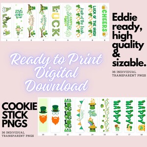 Könnte beinhalten: 36 digitale druckbare Cookie-Stick-PNGs mit St. Patrick's Day-Motiv. Die Bilder zeigen Kobolde, Kleeblätter, Töpfe voller Gold und den Spruch "Glück der Iren".