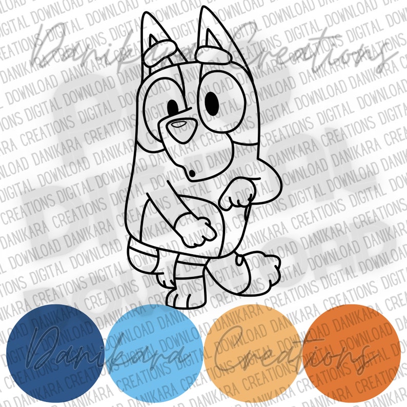 May include: A black and white line drawing of a cartoon dog with a surprised expression. The dog is wearing a blue and white striped shirt and has a blue collar. The image is surrounded by a white background with repeating text.