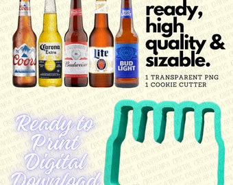 May include: A cookie cutter in the shape of four beer bottles. The cutter is turquoise blue and is ready to be used to make cookies.