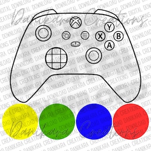 Könnte beinhalten: Eine schwarz-weiße Umrisszeichnung eines Videospiel-Controllers mit vier farbigen Kreisen darunter. Die Kreise sind gelb, grün, blau und rot.