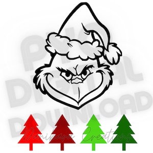 May include: A black and white illustration of the Grinch wearing a Santa hat. The Grinch has a grumpy expression on his face. There are three Christmas trees below the Grinch, one red, one green, and one dark green.