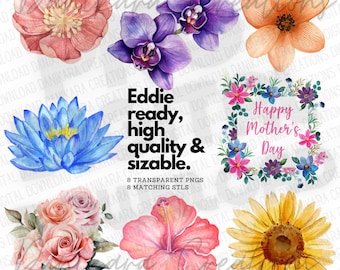 Watercolor Flower PNG and STL, Mothers Day Flowers PNG, Flower Bouquet PNGs, Flower STLs, Floral png, Floral stl, Flower Set, Watercolor