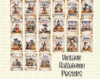 May include: A collection of vintage-style Halloween posters. Each poster features illustrations of pumpkins, cats, scarecrows, and children in Halloween scenes. Text includes "Happy Halloween," "Spooky," and "Just Treats."