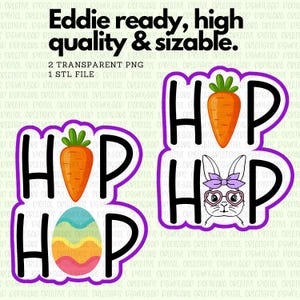 Könnte beinhalten: Zwei Designs zum Thema Ostern mit dem Wort "HOP" in schwarzen Buchstaben. Das erste Design zeigt eine Karotte und ein Osterei mit Regenbogenstreifen. Das zweite Design zeigt ein Häschen mit lila Brille und Schleife.