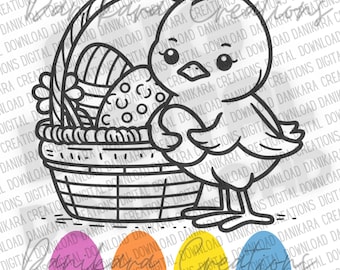 Op de afbeelding: Een zwart-witte lijntekening van een kuiken dat een ei vasthoudt in een mand met een handvat. Er zijn drie paaseieren onder het kuiken, een roze, een oranje en een blauwe.
