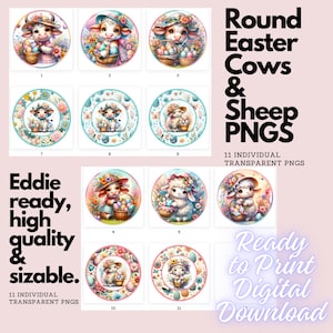 Könnte beinhalten: Elf runde digitale Clipart-Bilder von Kühen und Schafen in Oster-Outfits. Die Bilder sind auf weißem Hintergrund und zeigen Pastellfarben, Blumen und Eier. Der Text "Round Easter Cows & Sheep PNGs" befindet sich oben im Bild. Der Text "Eddie ready, high quality & sizable." befindet sich unten links im Bild. Der Text "Ready to Print Digital Download" befindet sich unten rechts im Bild.