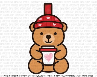 Straw Bear Cup Cookie Cutter & PNG, Valentines Day Bear Cup PNG, Coffee Cookie Cutter, Starbie Bear Straw Cup Cookie Cutter and png 3.5in