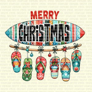 May include: A festive Christmas design featuring a surfboard with "MERRY CHRISTMAS" text. Below, a string of colorful flip-flops, each adorned with holiday-themed decorations like snowflakes and bows, hangs from a wooden rod.