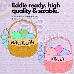 Peut inclure: Deux paniers de Pâques avec des noms personnalisés, Macallan et Kinley. Les paniers sont remplis d'œufs colorés et ont un motif tissé. Les paniers sont sur un fond violet clair.