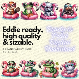 Puede incluir: Ocho ilustraciones digitales de varios animales con gafas de sol montando balsas inflables de flamenco rosa. Los animales incluyen una rana, un castor, un elefante, una morsa, una tortuga, un cocodrilo y un hipopótamo. El texto "Eddie ready, high quality & sizable. 8 TRANSPARENT PNGS 8 STL FILES" está en la parte inferior de la imagen.