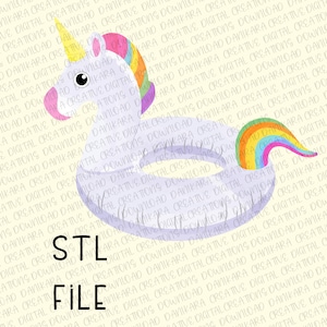 May include: A white unicorn with a rainbow mane and tail is riding a purple inflatable pool float shaped like a ring. The unicorn has a pink horn and closed eyes. The text "STL File" is written in black on a yellow background.