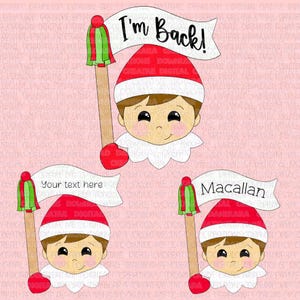 May include: Three cartoon elf faces with red and white hats, holding banners. The top banner reads "I'm Back!" The other banners say "Your text here" and "Macallan". The elf faces have brown hair and are smiling.