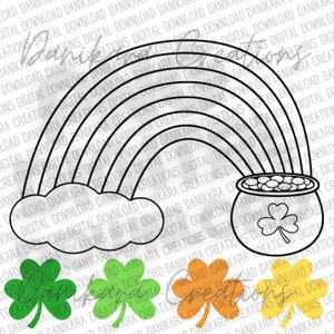 May include: A black and white line art illustration of a rainbow with a pot of gold at the end. There are three shamrocks below the rainbow.