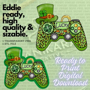 Może przedstawiać: Zielony i złoty kontroler do gier wideo z koniczyną i kapeluszem krasnoludka. Kontroler ma napis "Lucky".