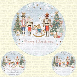 May include: A circular Christmas design with nutcrackers, a mouse, a rocking horse, and a Christmas tree. The words "Merry Christmas" are in the centre. The design is framed by a light blue border, evoking a festive atmosphere.