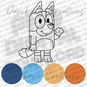 May include: A black and white line drawing of a cartoon dog with a blue, light blue, and orange color palette. The dog is standing on all fours with its right paw raised. The dog has a surprised expression on its face.