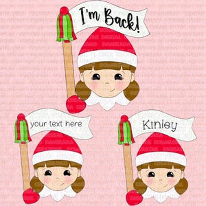 May include: Digital illustration of three elf characters holding banners. One banner reads "I'm Back!", another says "your text here", and the third says "Kinley". The elves wear red and white hats and hold wooden poles with red and green accents.