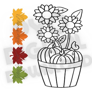 May include: A black and white line drawing of a basket of pumpkins with sunflowers on top. The basket is made of wood and has a handle. The pumpkins are round and have a stem. The sunflowers have a large center and petals.