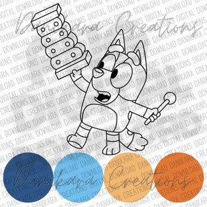 May include: A black and white line drawing of a cartoon dog holding a xylophone and a microphone. The dog is wearing a blue shirt and red pants. The background is white with a repeating pattern of text.