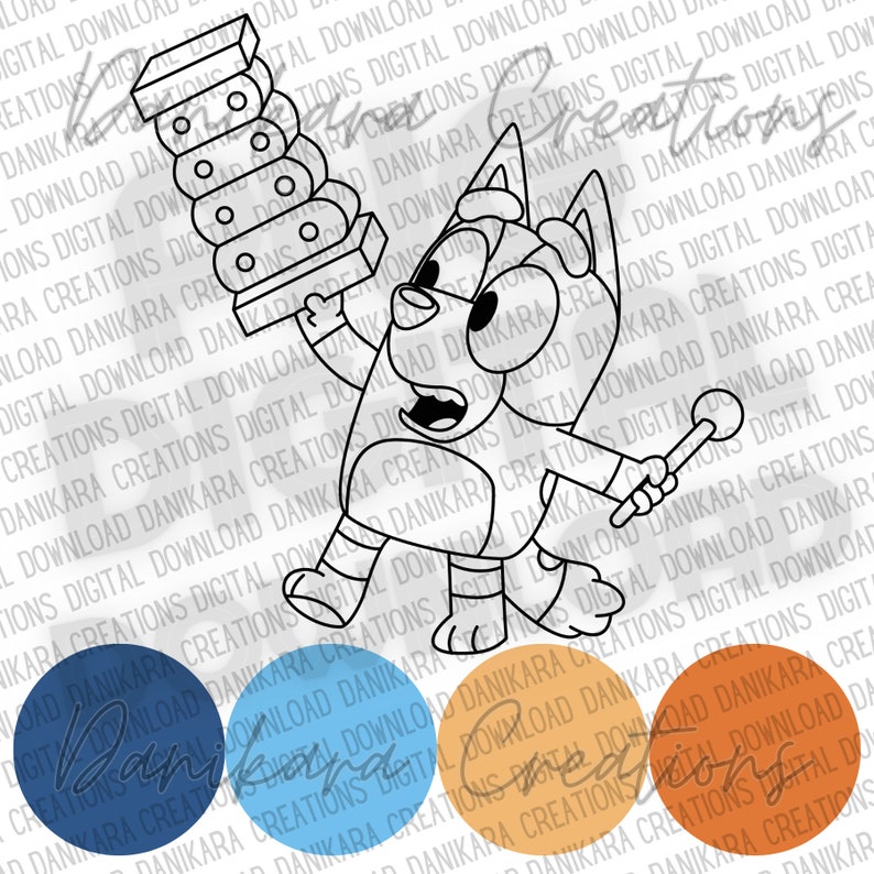 May include: A black and white line drawing of a cartoon dog holding a xylophone and a microphone. The dog is wearing a blue shirt and red pants. The background is white with a repeating pattern of text.