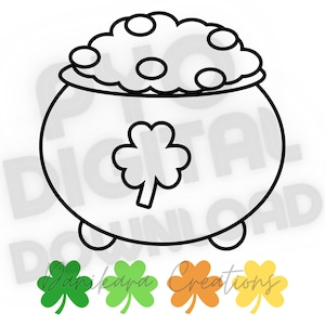 May include: Black outline illustration of a pot of gold with a shamrock on the front. The pot has a bubbly top and three small feet. Below the pot are four shamrock designs in green, light green, orange, and yellow.