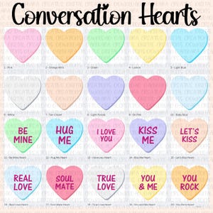 May include: Twenty conversation heart candies in various colors and designs. The candies are shaped like hearts and have different messages on them, such as "Be Mine", "Hug Me", "I Love You", "Kiss Me", "Let's Kiss", "Real Love", "Soul Mate", "True Love", "You & Me", and "You Rock".