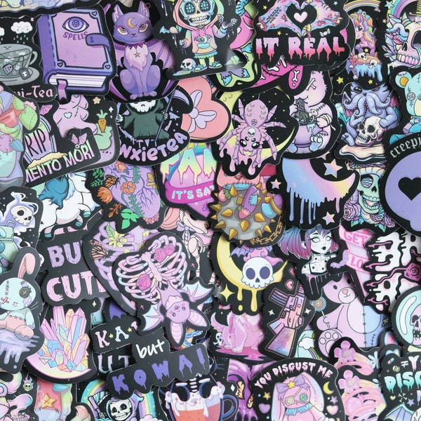 Süße Kawaii Goth Sticker, Random 4er Set, Katze, Totenkopf, Einhorn, Geschenk, Bullet Journal, y2k, cute and creepy, süß und gruselig