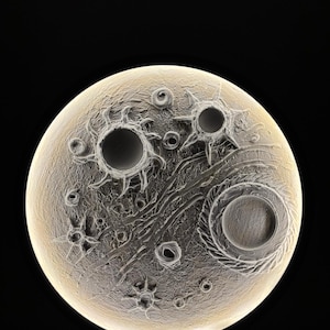 Op de afbeelding: Een rond, verlicht wandkunstwerk dat het oppervlak van de maan afbeeldt. Het kunstwerk heeft een gedetailleerd, gestructureerd ontwerp met kraters en richels, verlicht met een warme, zachte gloed. Het stuk is geplaatst tegen een donkere achtergrond, wat een opvallend contrast creëert.