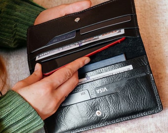 Handcrafted Long Leather Wallet - Personalized Engraved Billfold for Cash and Cards - Custom Gift for Him or Her