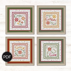 May include: Four framed cross-stitch artworks with inspirational words: "Grow," "Gather," "Grace," and "Give." Each piece features floral designs in red, yellow, and green, set against a white background, and framed in green, brown, and tan.