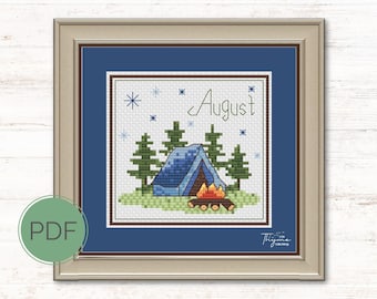 Camping Cross Stitch Pattern: August Calendar Embroidery (PDF Pattern)