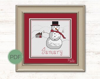 Snowman Calendar Cross Stitch Pattern: Winter January Landscape (Digital Download)