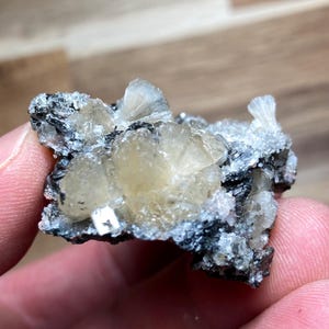 以下が含まれることがあります： 銀灰色のマトリックスに、白い方解石の結晶が密集しています。結晶は半透明で、わずかに虹色に輝いています。