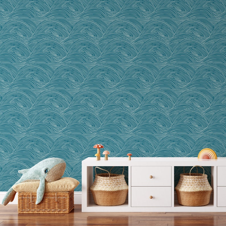 Ocean Wallpaper // Linear Waves // Dark Blue // Removable Wallpaper