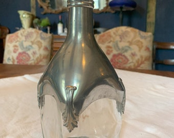 French Vintage Silver Metal and Glass Bottle