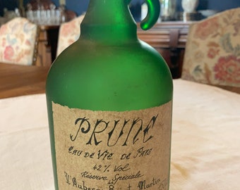 French Vintage Green Glass Bottle with Original Label