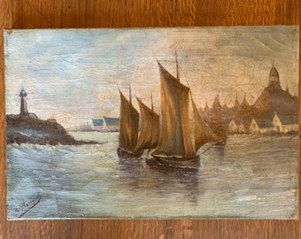 Antico dipinto francese ad olio su tela raffigurante barche a vela