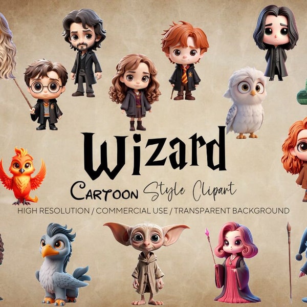 Cute Potter PNG Wizard Characters CGI, Magic Wizard School Clipart Cartoon Characters PNG, Potter Gift, Stickers Wizard Templates