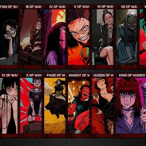 Puede incluir: Una baraja de tarot con ilustraciones de mujeres con cabello oscuro y acentos rojos. Las cartas est&aacute;n dispuestas en una cuadr&iacute;cula, con el palo de Bastos en la parte superior. Las cartas est&aacute;n etiquetadas con los nombres de las cartas, como "As de Bastos" y "Reina de Bastos".