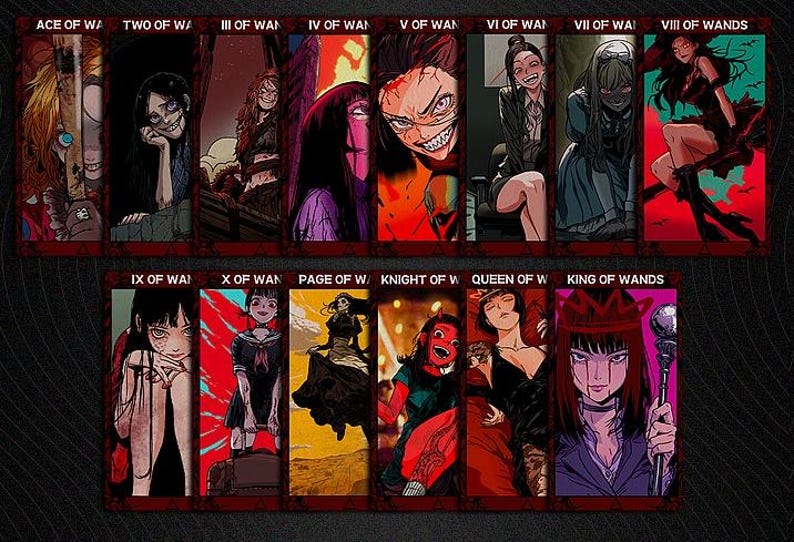 Puede incluir: Una baraja de tarot con ilustraciones de mujeres con cabello oscuro y acentos rojos. Las cartas est&aacute;n dispuestas en una cuadr&iacute;cula, con el palo de Bastos en la parte superior. Las cartas est&aacute;n etiquetadas con los nombres de las cartas, como "As de Bastos" y "Reina de Bastos".