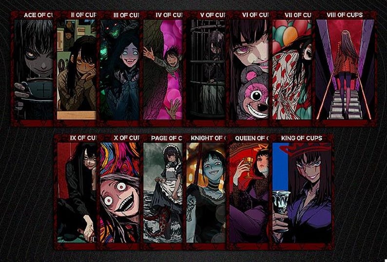 Puede incluir: Un conjunto de 14 cartas de tarot con ilustraciones de mujeres con cabello oscuro y diversas expresiones. Las cartas est&aacute;n dispuestas en dos filas, con el nombre de cada carta visible en la parte superior de la misma. Las cartas est&aacute;n sobre un fondo negro.